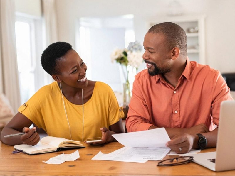Young couple in the UAE smiling while reviewing personal finances at home